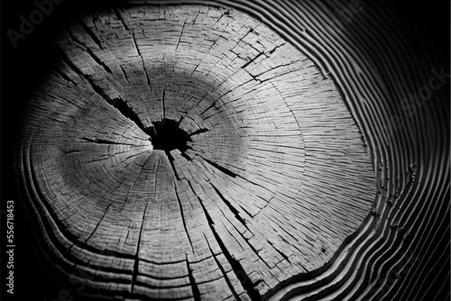 a close up of a tree trunk with a circular hole in it's center and a black background. photo