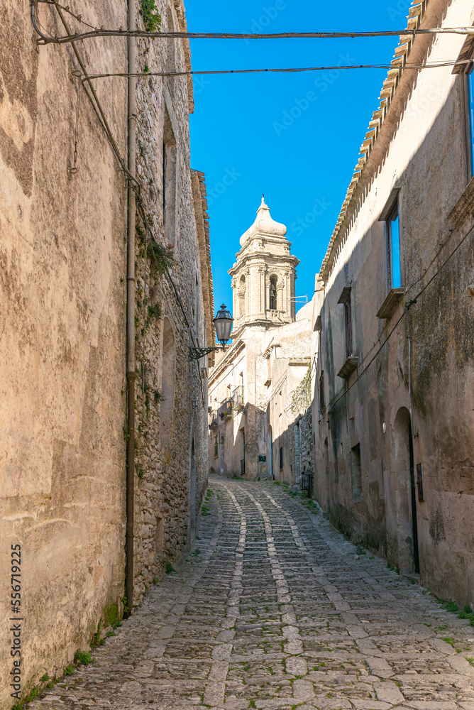 The small town of Erice with its stone houses and narrow, picturesque streets and alleys on the Mount Erice in the west of Sicily. Phoenicians and Greeks settled the town in prehistory times