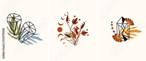 Minimal mystical compositions with crystals and leaves, magical flowers and the moon on a beige background. Mystical, esoteric posters suitable for posters, flyers, banners. Vector illustration