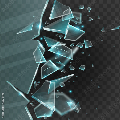 Broken glass shatter explosion, vector 3D splinters, sharp ice fragments on transparent background. Danger flying crystal piece, destroy windshield smithereens concept. Broken glass realistic clipart