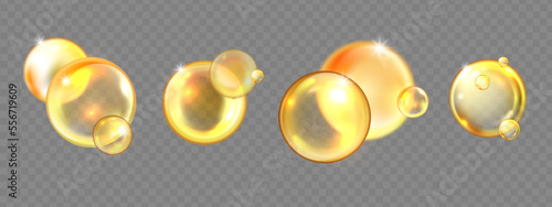 Castor oil, 3D vector gold collagen circle set, beauty vitamin product ball icon orange bubble kit. Cosmetics liquid capsule crystal sphere transparent background. Gold collagen omega medial clipart