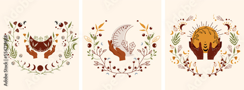 Mystical compositions with a hand holding the celestial moon, flowers and leaves. Mystical, magical witchcraft symbol. Boho moon is suitable for banners, posters, postcards. Vector illustration.