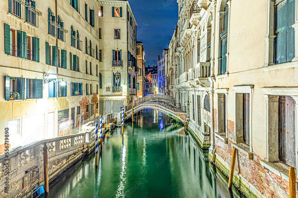 night view from bridge of sights, the former prison of doges palace, Venice to the narrow canal in Venice,