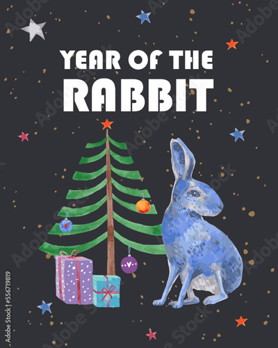 Banner of New Year 2023 symbol, year of the rabbit. Modern colorful art design for branding covers, cards, posters, banners. Blue rabbit sits near the Christmas tree with gifts