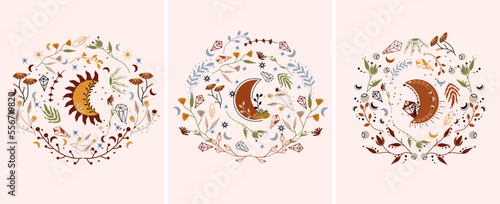 Boho posters with celestial moon, leaves, crystals, magical flowers. Magical, esoteric posters are ideal for banners, posters, postcards. Vector illustration