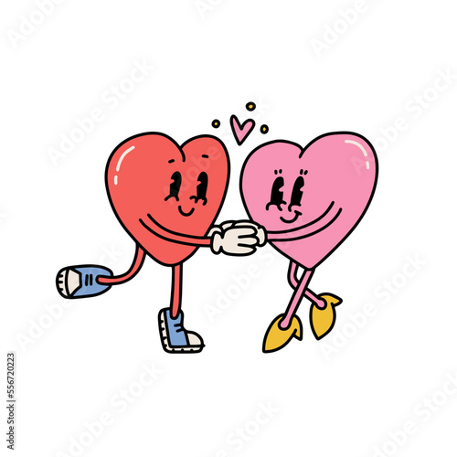 Retro cartoon Hearts Couple Characters Walk Holding Hands. Vector Contour Hand Drawn Illustration Isolated On White Background. 70s vintage concept.