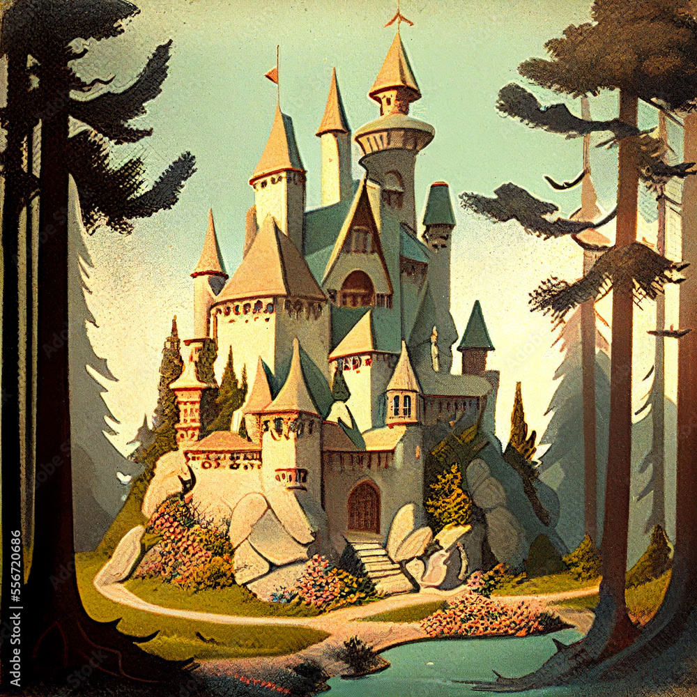 Image of fairy-tale castle, made in retro style.