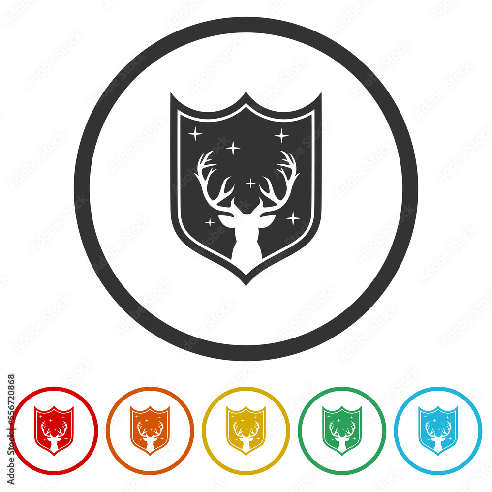 Shield deer icon. Set icons in color circle buttons Shield deer icon. Set icons in color circle buttons