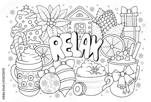 Relax hand drawn coloring page with winter holiday objects for kids and adults. Cute antistress Christmas coloring book sheet with patterns and details