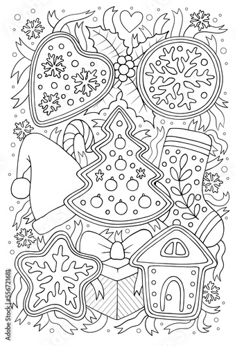 Christmas colouring page for adults and kids. Cute winter holidays theme coloring book sheet with detailed patterns, vector illustration