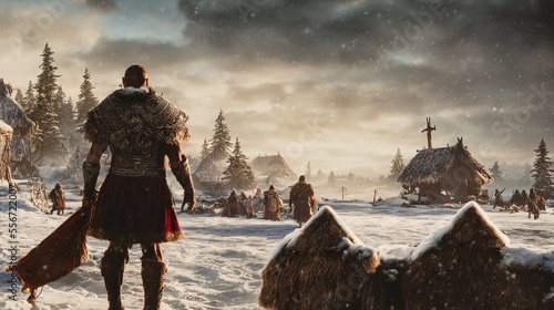 view of pagan village at snow, back shot of viking warrior staying in front of it and looking at people, generative AI