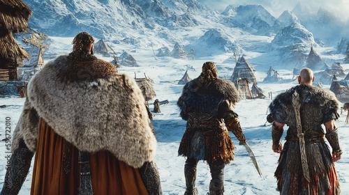 view of pagan village at snow, back shot of group of viking warrior staying in front of it, snowy mountains in background, generative AI