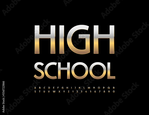 Vector sign High School. Golden Font. Creative Alphabet Letters and Numbers