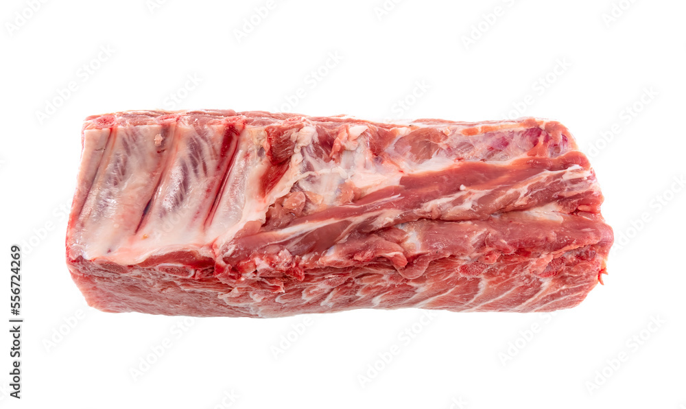 A piece of raw beef or pork meat on a white background. Raw meat with ribs and bones