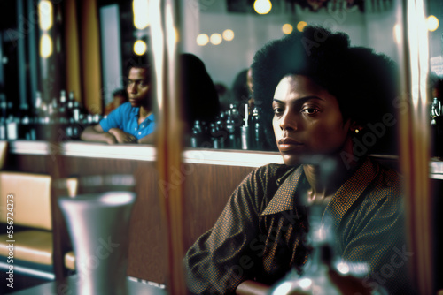 Portrait of a afro ethnic person in a restaurant, style 80's, Generative Ai
