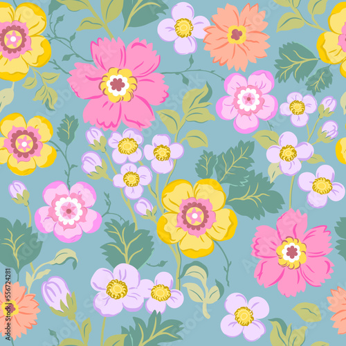 Seamless pattern with delicate pink, yellow and purple flowers on a menthol background. Romantic floral print, botanical composition with large flower buds, leaves, branches.