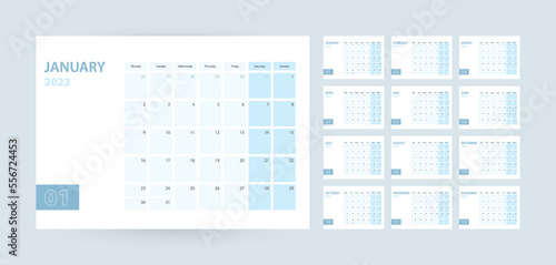 Monthly calendar template for the year 2023, the week starts on Monday. The calendar is in a blue color scheme.