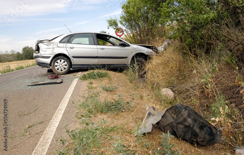 Accidented vehicle after suffering an exit from the road in a traffic accident.