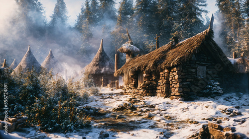 small pagan village with a thatched roof and a forest in the background with snow on the ground and trees, generative AI