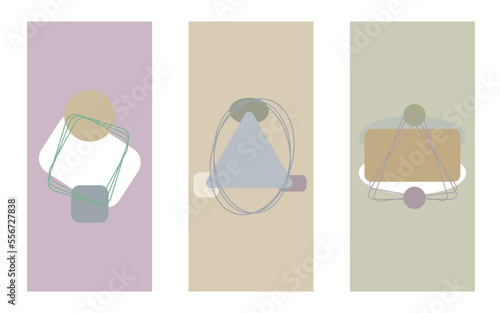 Triptych of rounded geometric shapes in neutral colors.