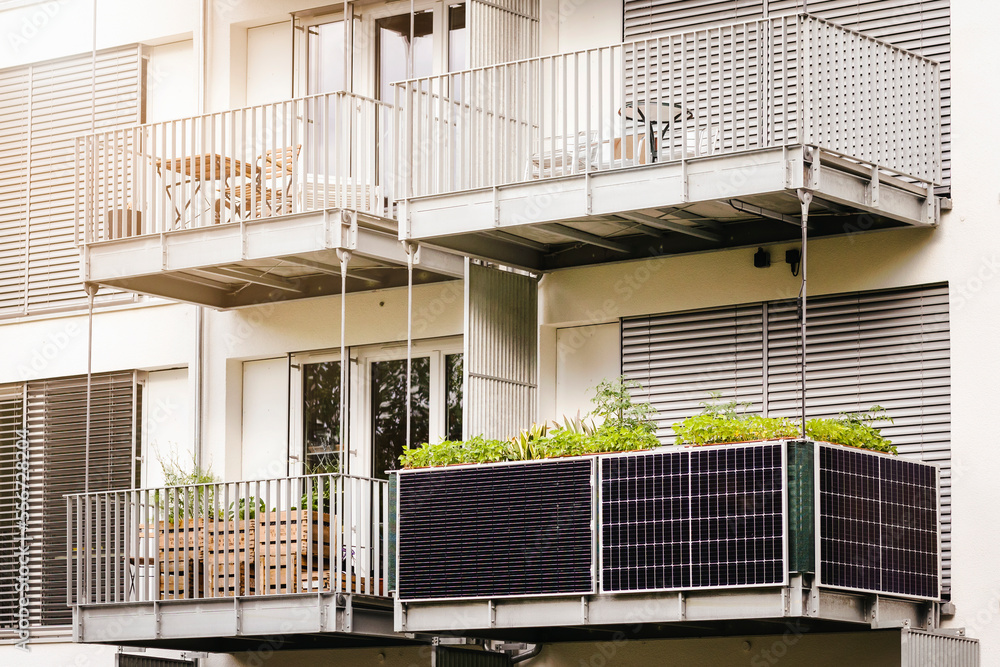 Solar Panels on Balcony of Apartment in Germany. Small Local Solar Panel Energy System on Balcony. - obrazy, fototapety, plakaty 