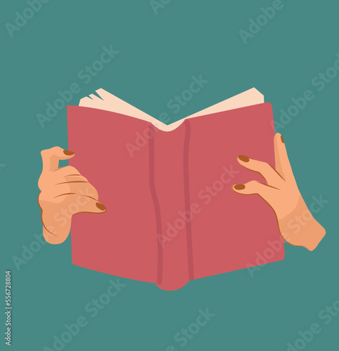 Vector illustration of human hands holding open book. Back to school, education, literacy day. Book club member. Poetry lover. Time to reading. Bookstore, library. Morning pages, diary
