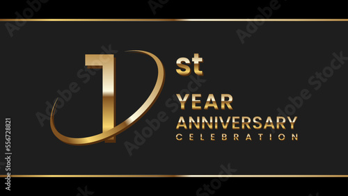 1st anniversary logo design with gold color ring and text. Logo Vector Illustration