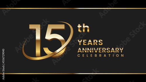 15th anniversary logo design with gold color ring and text. Logo Vector Illustration