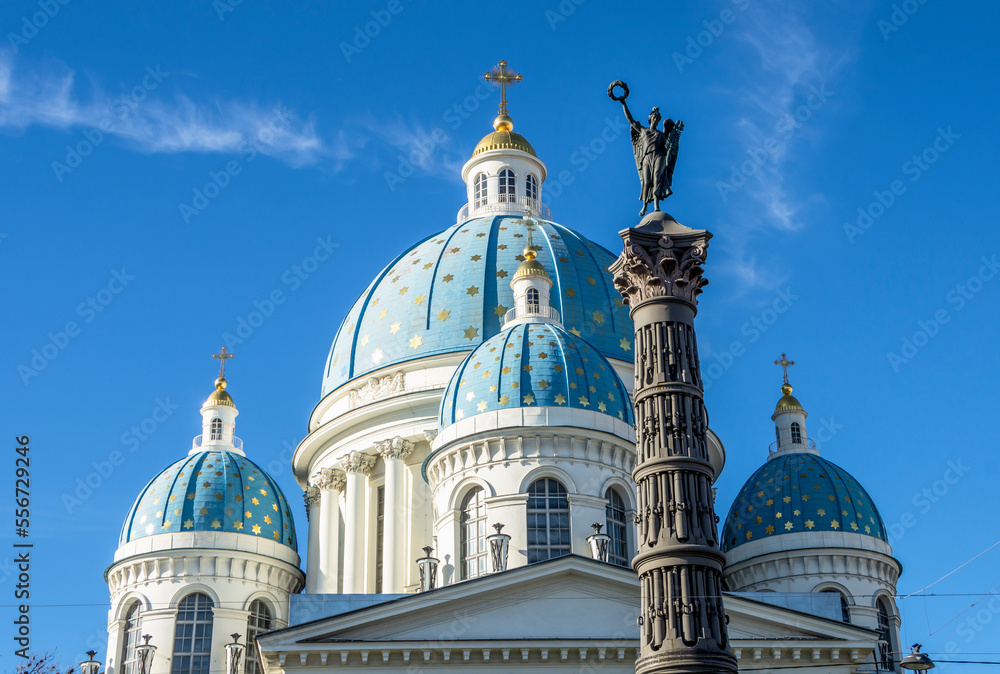 St. Petersburg, Russia - October 2022: Domes of the Trinity Cathedral in St. Petersburg