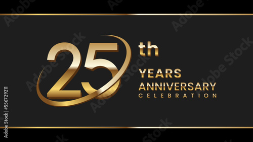25th anniversary logo design with gold color ring and text. Logo Vector Illustration