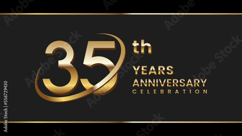 35th anniversary logo design with gold color ring and text. Logo Vector Illustration