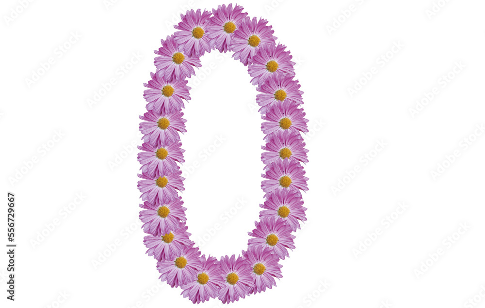 Number zero made with pink flower isolated on white background. Spring concept idea.