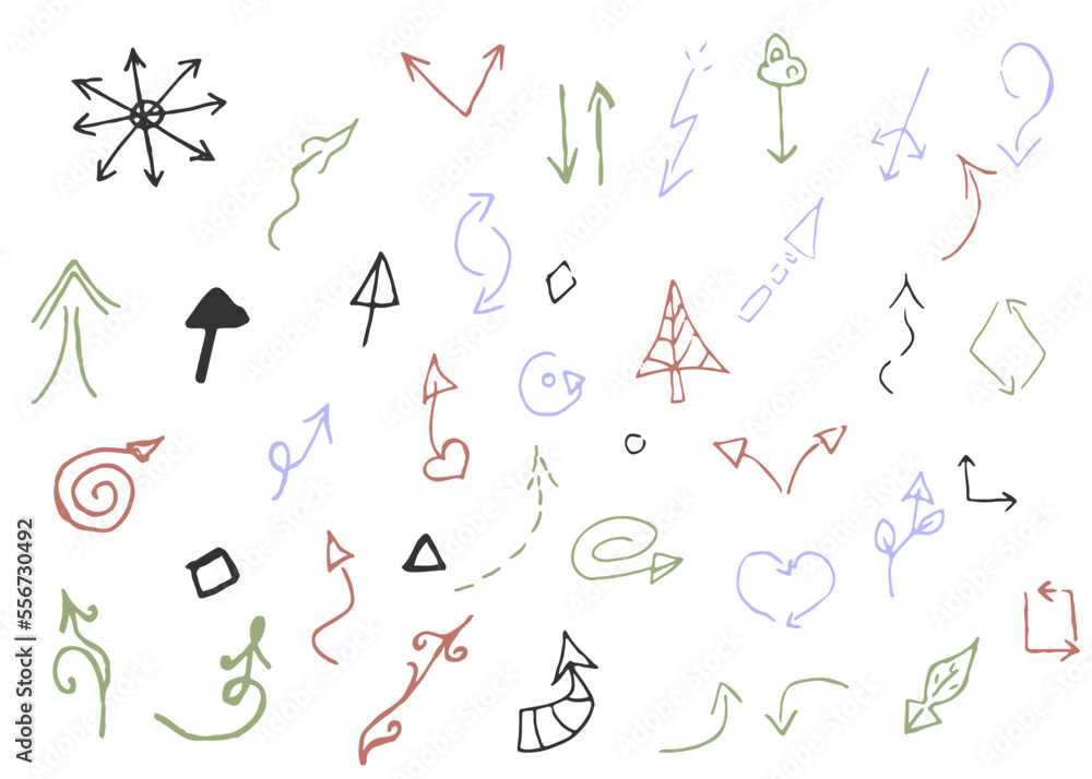 Set of colored arrows of different shapes and sizes in the style of a doodle, hand-drawn. Vector illustration, on white background