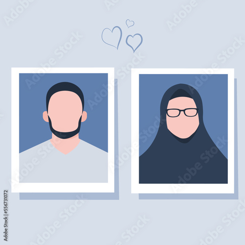 Photo of prospective Muslim husband and wife on blue background