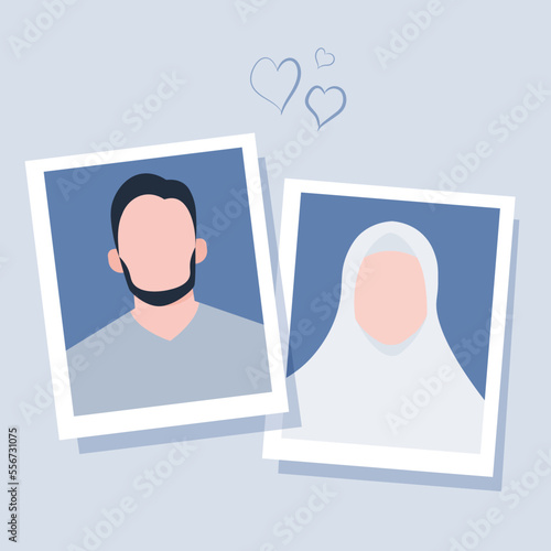 Photo of prospective Muslim husband and wife on blue background