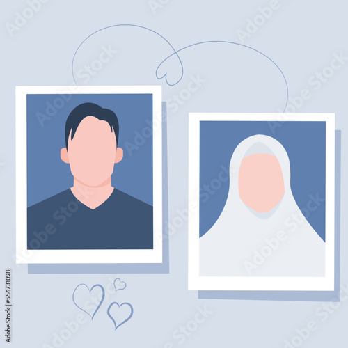 Photo of prospective Muslim husband and wife on blue background