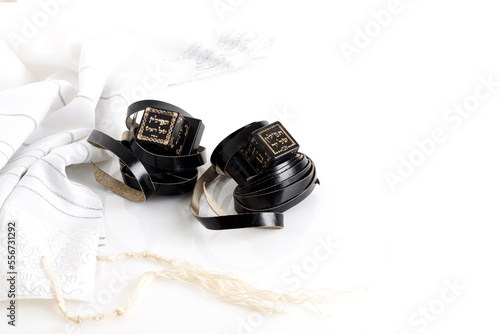 Quadro em tela Tallit and tefillin on white background