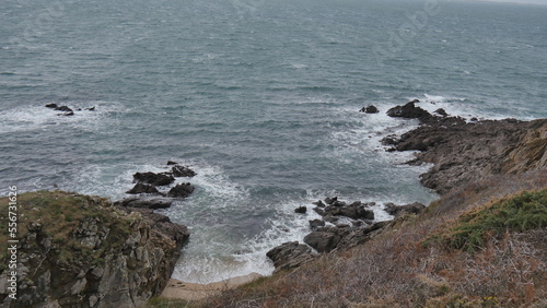 Falaises près d'une mer agité, sous un ciel nuagueux, gris et menaçant, eau fracassant contre les rochers, falaises en roches et de la verdure et végétation, côté bretonne, coin de la Bretagne © Nicolas Vignot