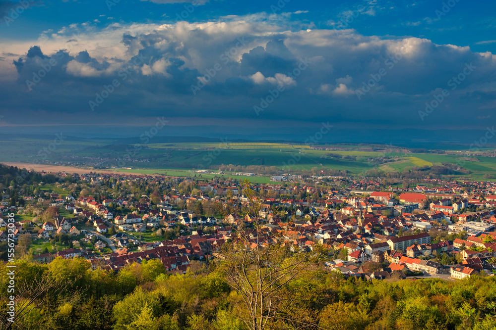Fototapeta premium Houses in the city of Bleicherode, Germany. View from the top of german little city in spring day.