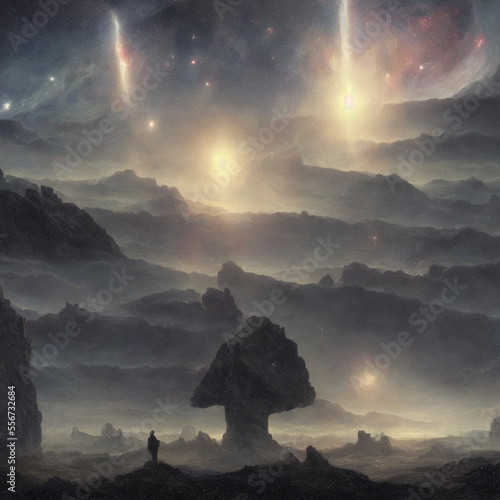 Fényképezés A dream of a distant galaxy by Caspar David Friedrich matte painting generated b