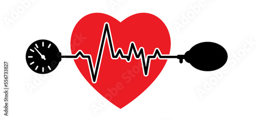 Cartoon blood pressure monitor, Medical tonometer. Pressure blood high or low, medical device. Measure the patient's blood pressure. Control healthcare concept. Heart check. ECG heartbeat line pulse.