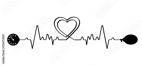 Cartoon blood pressure monitor, Medical tonometer. Pressure blood high or low, medical device. Measure the patient's blood pressure. Control healthcare concept. Heart check. ECG heartbeat line pulse.