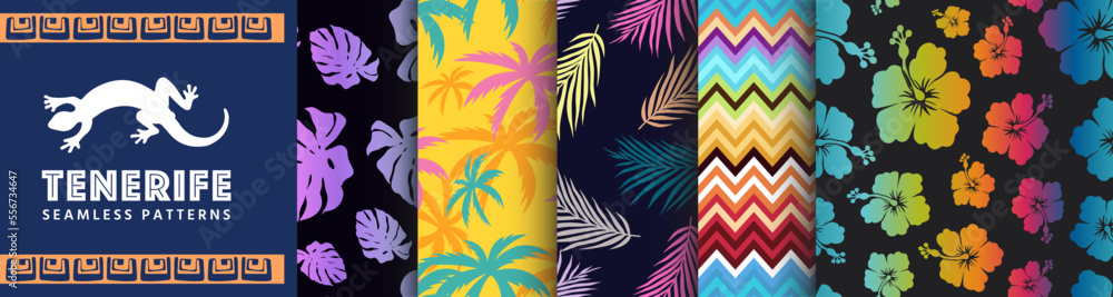 Tenerife Collection of Seamless Patterns. Set of graphics with palm trees, monsteras, flowers, leafs. Designs for beach towels, wrapping paper, backgrounds, apparel and textiles. Summer illustrations