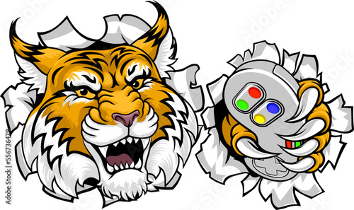 A wildcat or bobcat gamer with video game controller sports team animal mascot