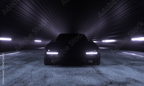 Fototapeta Naklejka Na Ścianę i Meble -  Black car in the dark tunnel with lights and asphalt floor 3D rendering