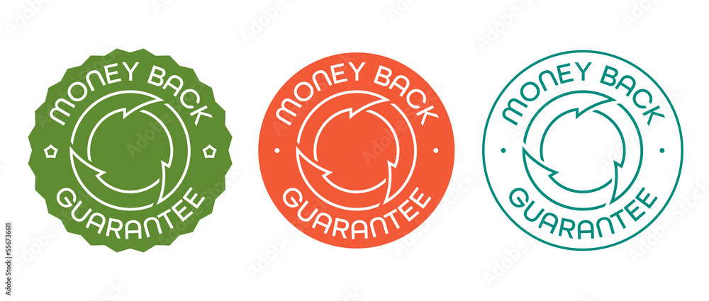 Three variants of stylish modern Money Back Guarantee sign, vector color illustration. Three variants of stylish modern Money Back Guarantee sign, vector color illustration.