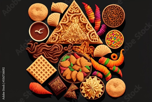 indian snacks for Diwali festival. Indians prepare various sweet and savory snacks to celebrate traditional festival with friends and family. Generative AI