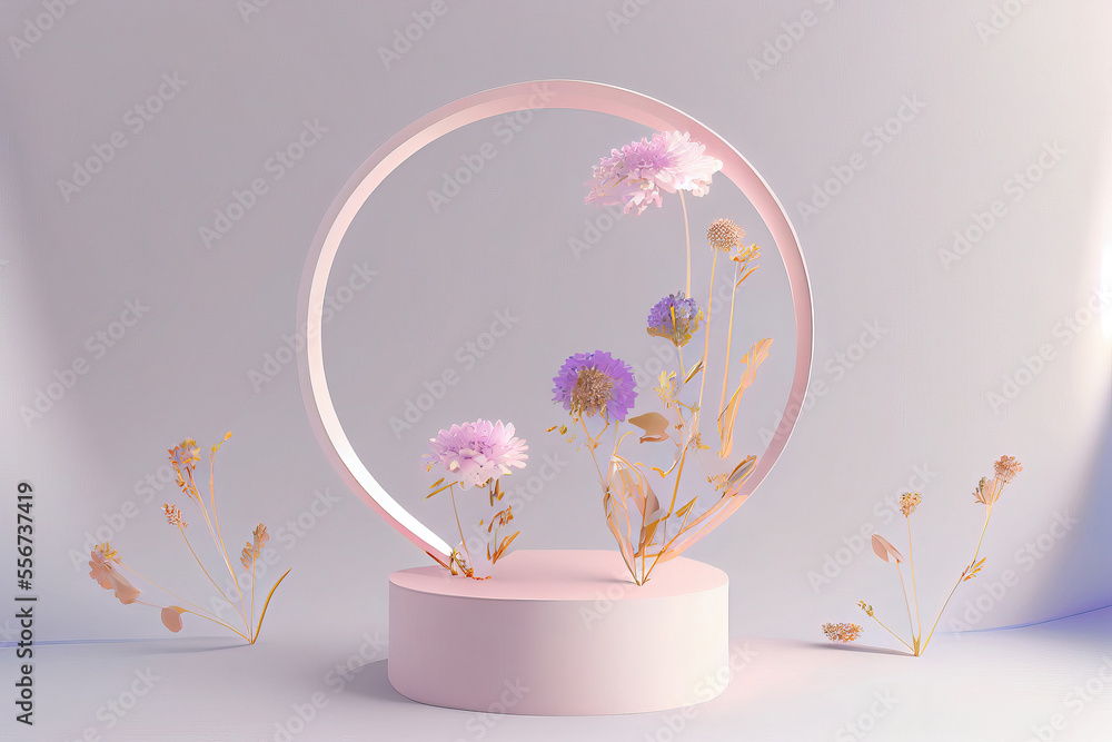 pastel lavender roses flowers on pink stage and golden rose frame rim