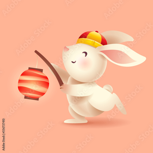 Cute rabbit holds a Chinese oriental lantern. Year of Rabbit. Translation - Good fortune.