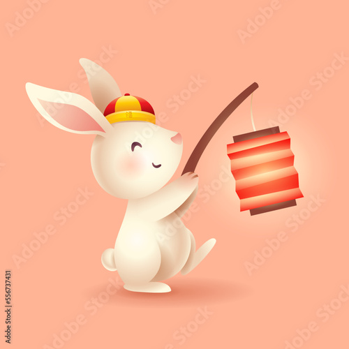 Cute rabbit holds a Chinese oriental lantern. Year of Rabbit. Translation - Good fortune.